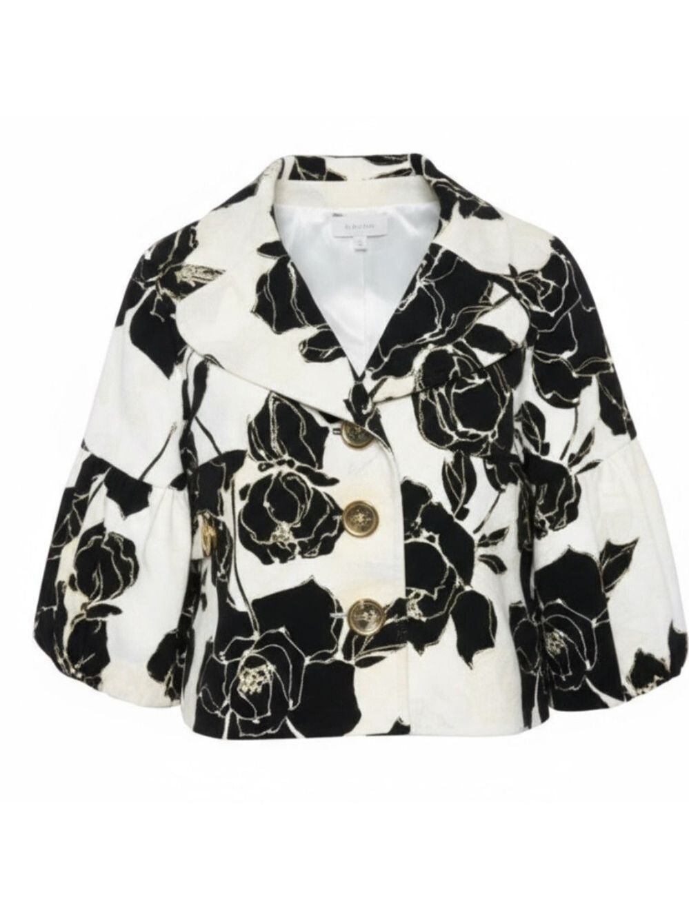 Cache Vintage Floral Cropped Jacket Balloon Sleeve Brown Cream Large EUC